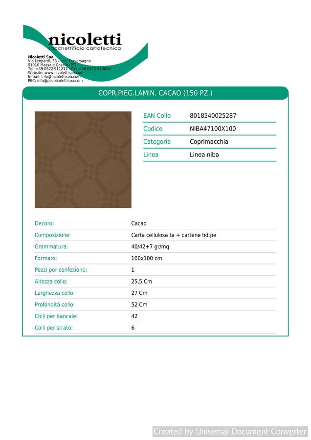 Coprimacchia cacao cm.100x100 pieg.lamin. conf.150 pezzi