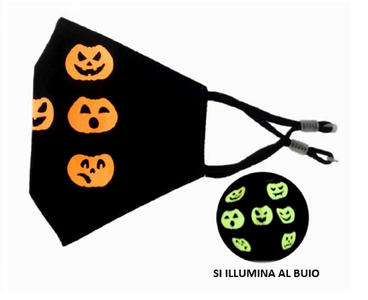 ZUCCHE FOSFORESCENTI -  Colore Nero con Zucche che si Illuminano al Buio - cod. GLOWINTHEDARK 005 (Mascherina Bambini + 2 Filtri)