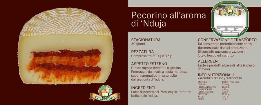 Pecorino alla n'duja, Formaggio aromatizzato Semistagionato, Caserporo, 1,1 kg