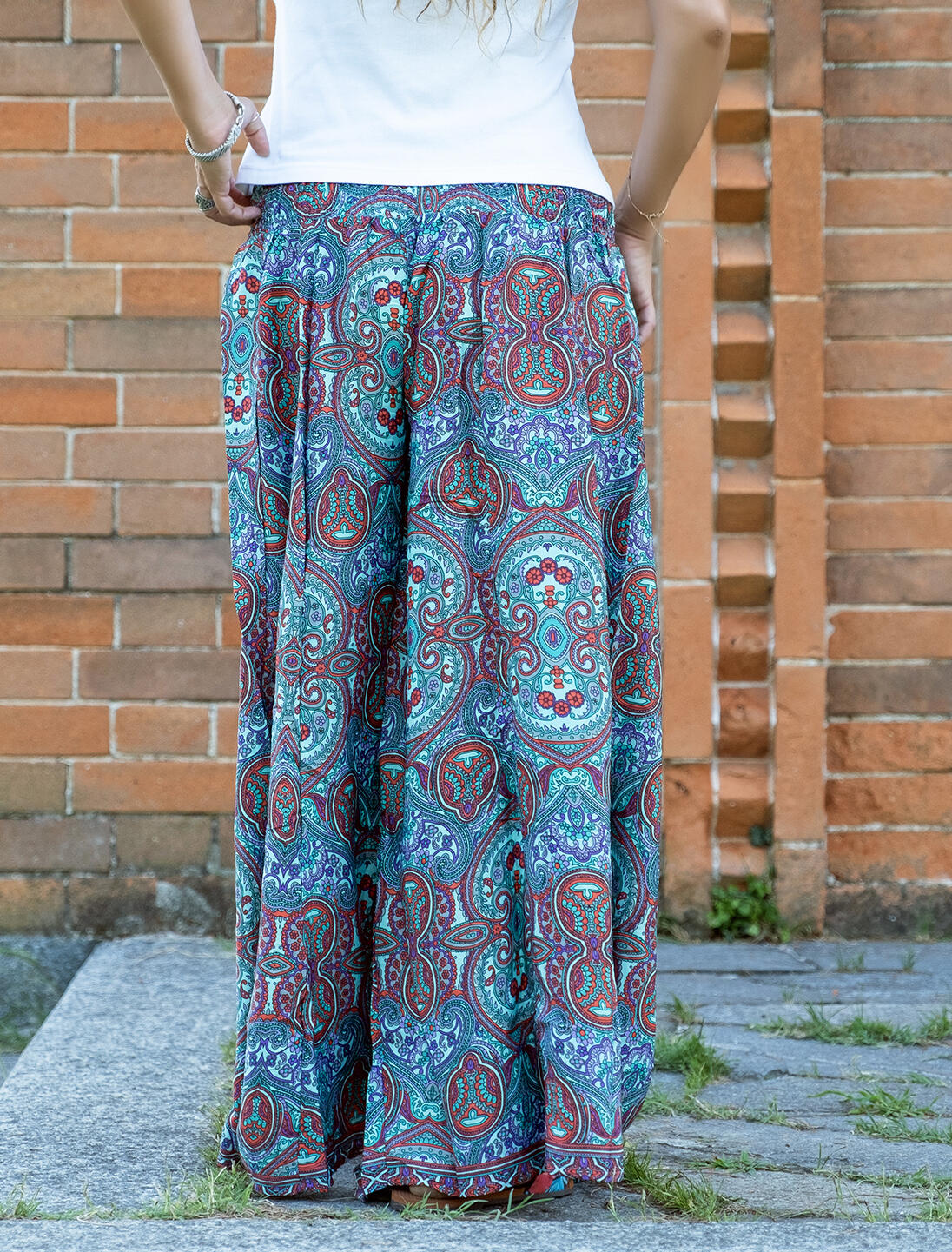Offerta! Pantalone lungo donna Kali in seta - turchese rosso viola
