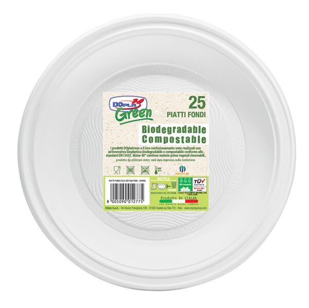 Confezione 25 Piatti fondi Ø220mm BIODEGRADABILI Mater-bi Dopla Green art. 40004