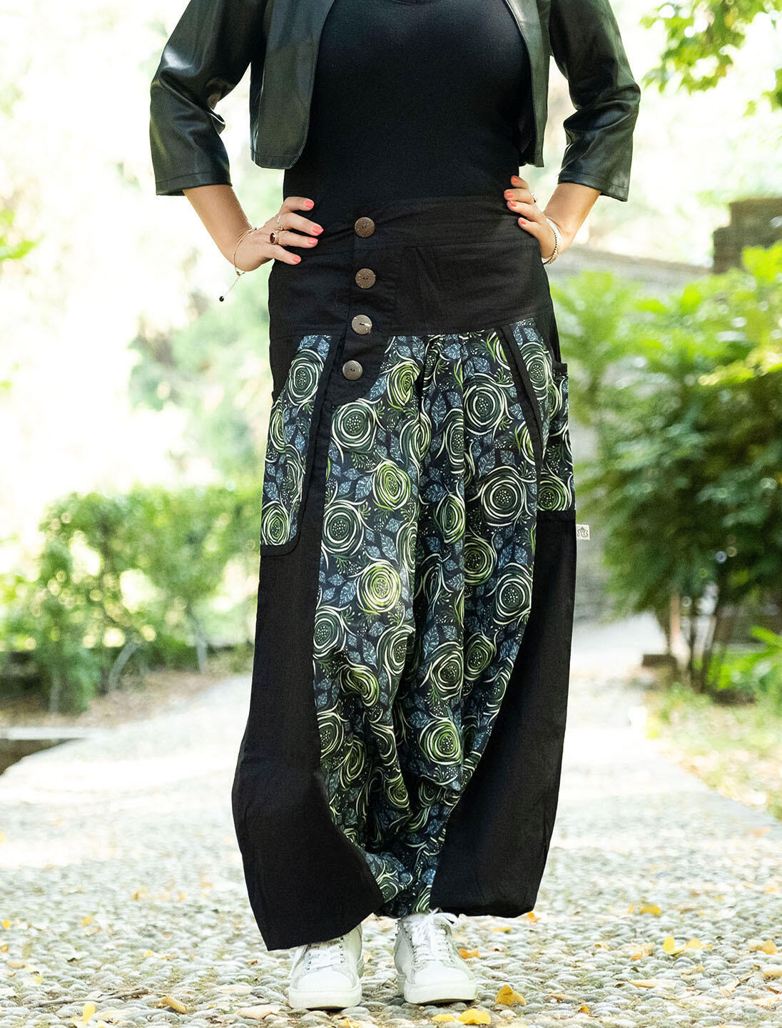 Pantalone donna lungo aladino Maya - Fiore spirale verde militare