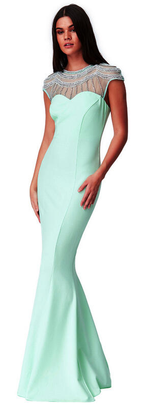 0619 LONG DRESS IN ELASTIC CREPE WITH RHINESTONE DECOLLETE AND BEADS ON TULLE