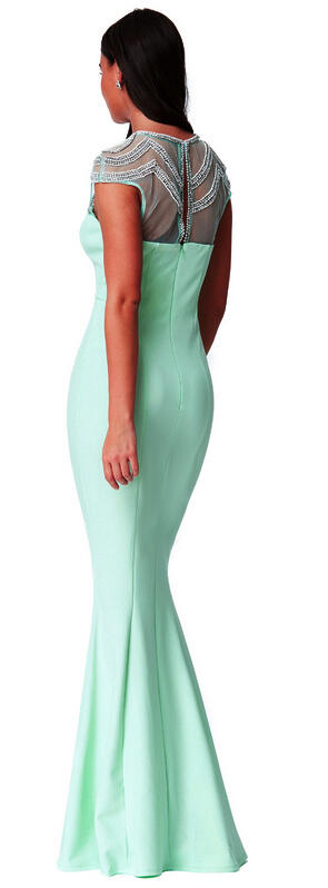 0619 LONG DRESS IN ELASTIC CREPE WITH RHINESTONE DECOLLETE AND BEADS ON TULLE