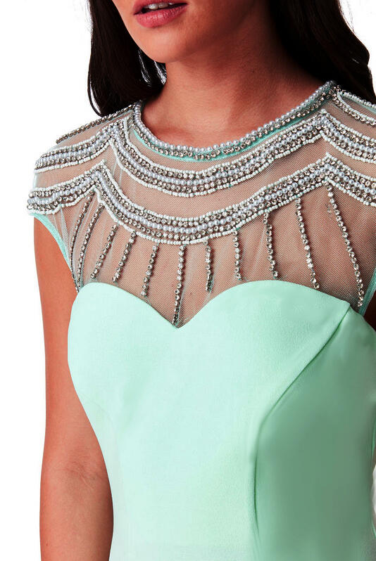 0619 LONG DRESS IN ELASTIC CREPE WITH RHINESTONE DECOLLETE AND BEADS ON TULLE