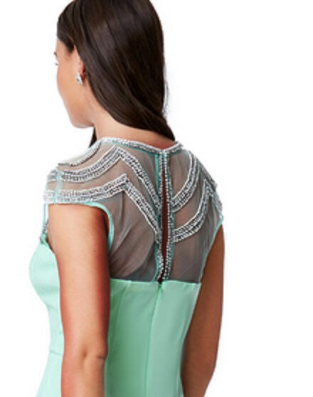 0619 LONG DRESS IN ELASTIC CREPE WITH RHINESTONE DECOLLETE AND BEADS ON TULLE