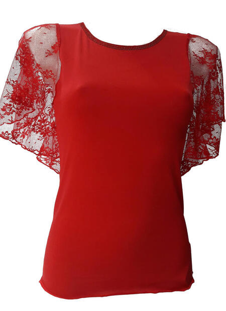  ELASTIC SWEATER WITH MEZZE SLEEVES WITH VOLANT LACE RED 6-0030 