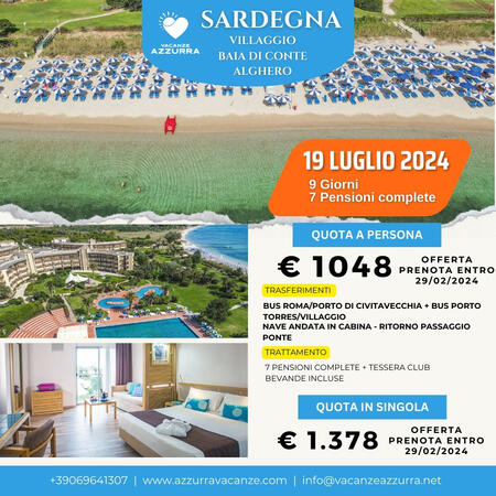 DAL 19 AL 27 LUGLIO 2024 SARDEGNA BAIA DI CONTE VILLAGE ALGHERO