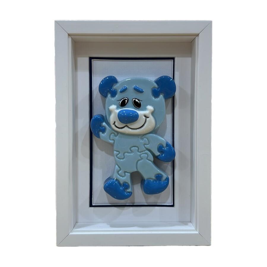 Sharon Italia - Quadretto da Appendere con Orsetto Celeste in Porcellana e Cornice di Legno - Dolcezza e Stile