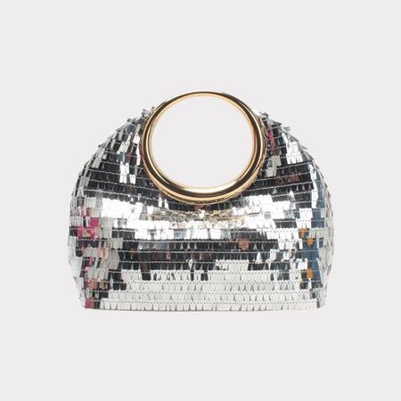 Borsa da sera metallizzata con tracolla e manico rotondo