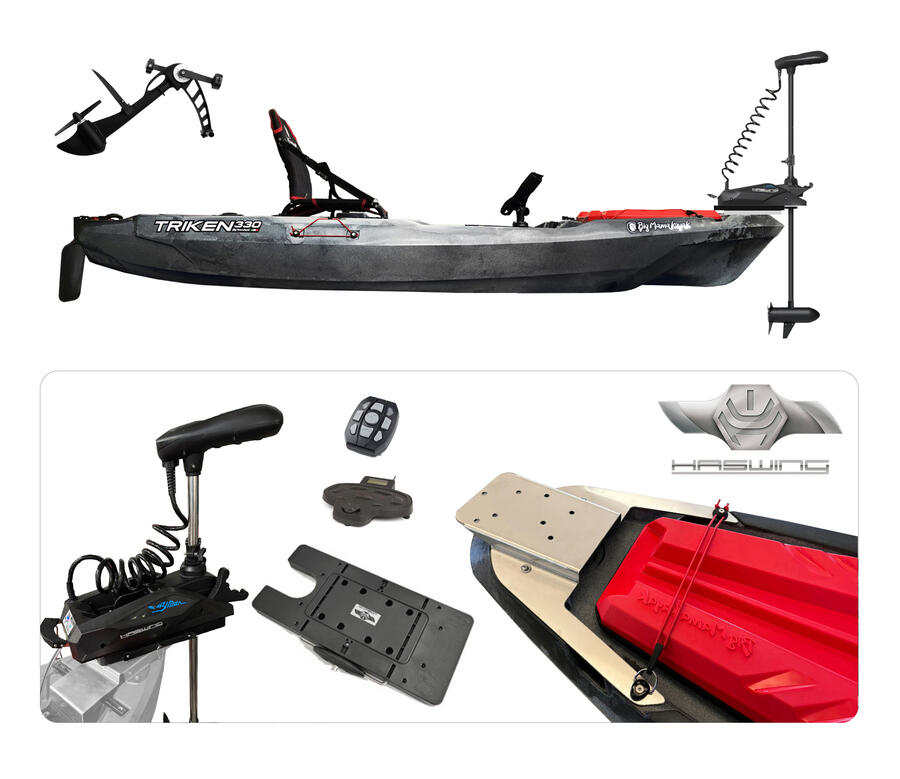 BIG MAMA KAYAK A PEDALI TRIKEN 330 con Pulpito Inox + Piastra sgancio rapido + motore HASWING Cayman 55lb funzione ancora e GPS per MARE e LAGO