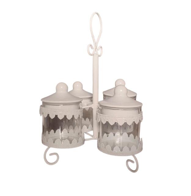 Portaspezie/Salsiera in Metallo Bianco Lucido a 4 Scomparti - Stile Shabby Chic