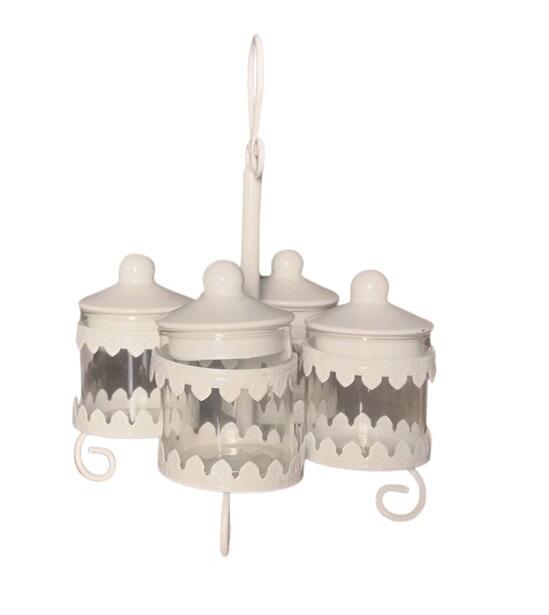 Portaspezie/Salsiera in Metallo Bianco Lucido a 4 Scomparti - Stile Shabby Chic
