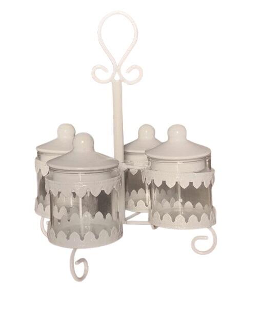 Portaspezie/Salsiera in Metallo Bianco Lucido a 4 Scomparti - Stile Shabby Chic