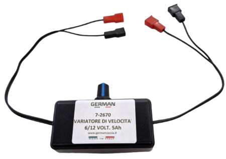 Variatore di velocità per alimentazione 6 o 12 volt., adatto per motori con assorbimento massimo 5 ah. 