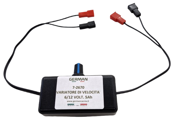 Variatore di velocità per alimentazione 6 o 12 volt., adatto per motori con assorbimento massimo 5 ah. 