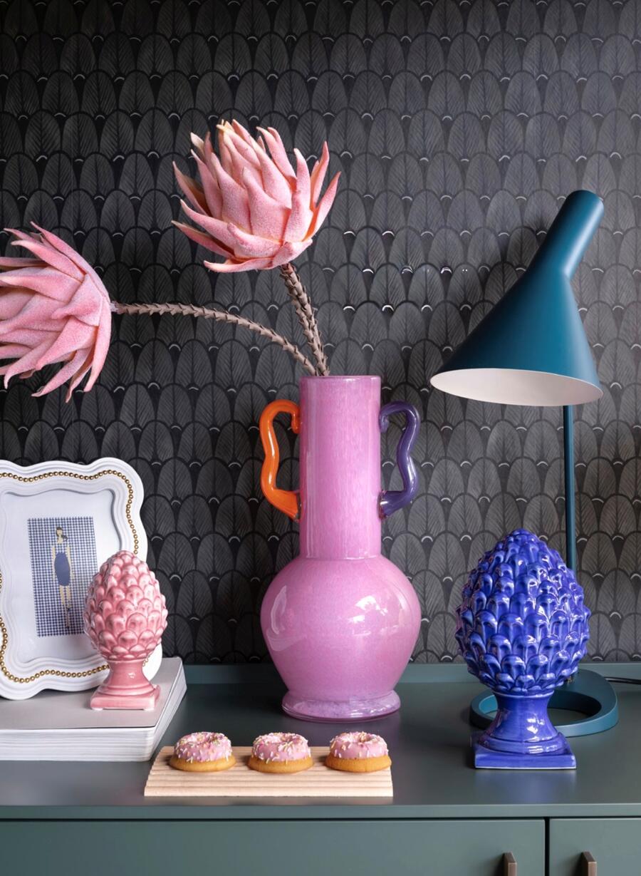 Henriette - Vaso Rosa in Vetro Sfumato con Manici Colorati | 16,5x34 cm Design Elegante