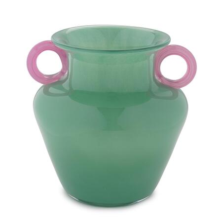 Henriette - Vaso Celadon con Manici Rosa in Vetro Sfumato | 20x21,5 cm Eleganza Creativa