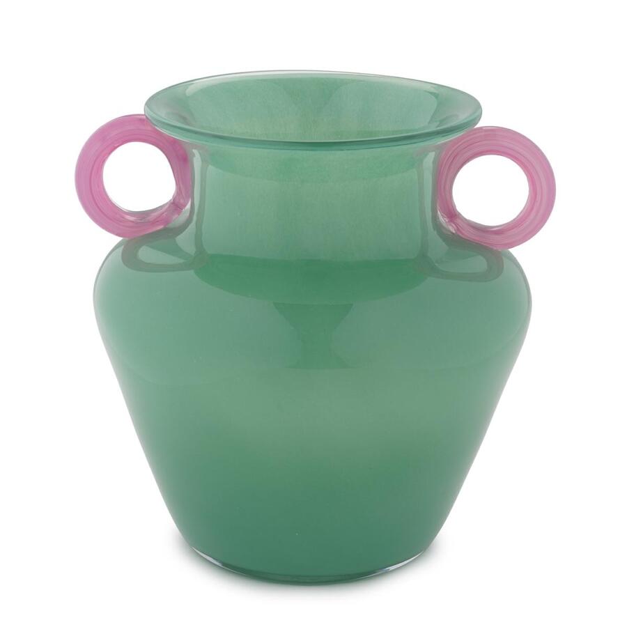 Henriette - Vaso Celadon con Manici Rosa in Vetro Sfumato | 20x21,5 cm Eleganza Creativa