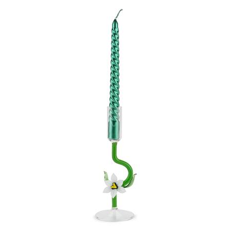 Henriette - Candeliere in Vetro Fiore Bianco con Candela Verde | 19 cm Collezione TREASURE