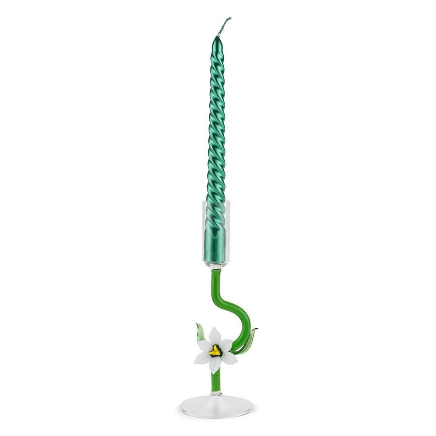 Henriette - Candeliere in Vetro Fiore Bianco con Candela Verde | 19 cm Collezione TREASURE