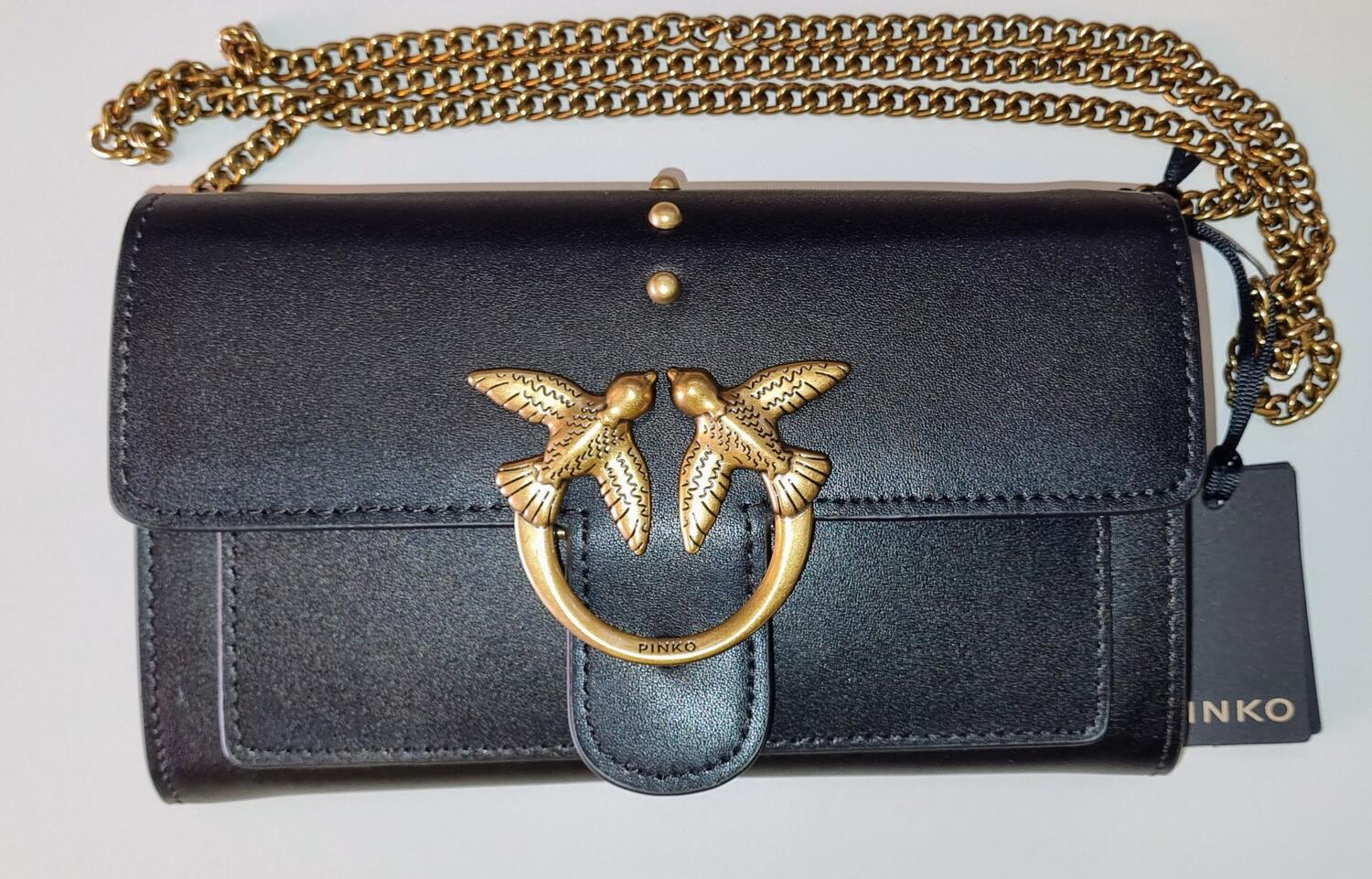 BORSA PINKO LOVE WALLET SIMPLY 5 C , Z 99 BLACK , in Vera Pelle 100% 
