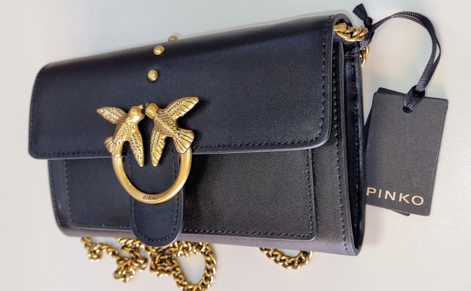 BORSA PINKO LOVE WALLET SIMPLY 5 C , Z 99 BLACK , in Vera Pelle 100% 