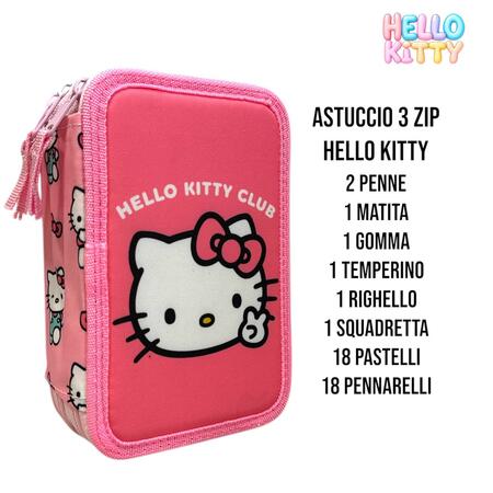 HELLO KITTY ASTUCCIO CON TRE ZIP COMPLETO CON 43 PEZZI