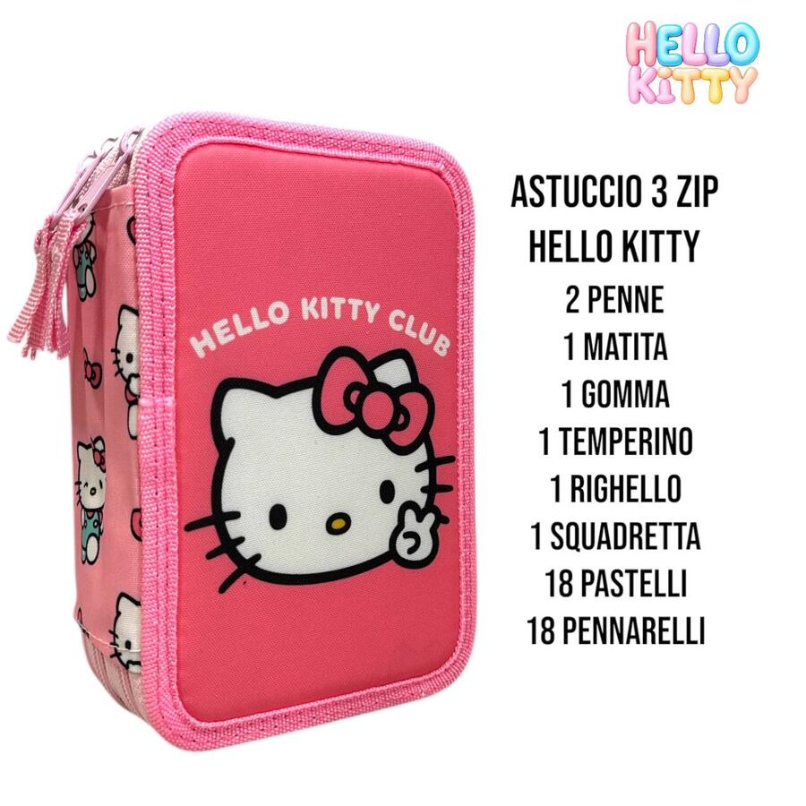 HELLO KITTY ASTUCCIO CON TRE ZIP COMPLETO CON 43 PEZZI