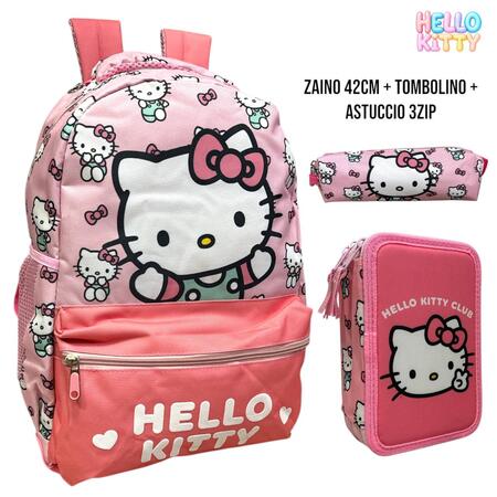 HELLO KITTY ZAINO 42 cm+TOMBOLINO+ASTUCCIO CON TRE ZIP