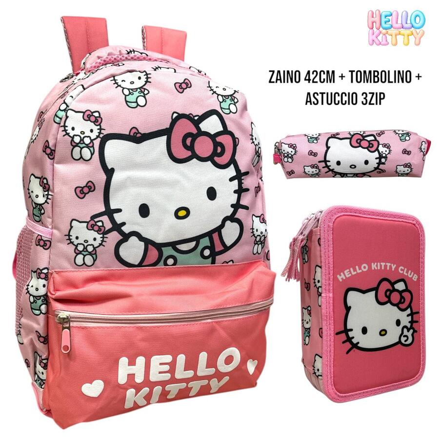 HELLO KITTY ZAINO 42 cm+TOMBOLINO+ASTUCCIO CON TRE ZIP