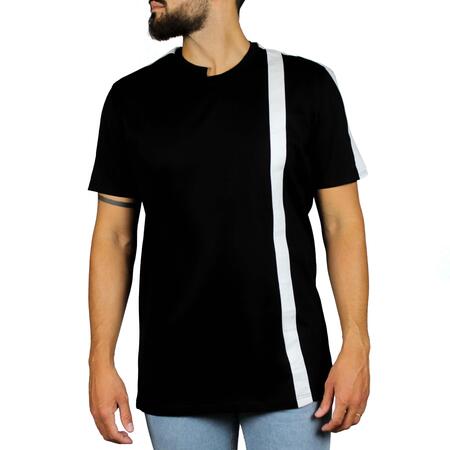 T-shirt nera inserti lino bianco su spalle e fronte retro