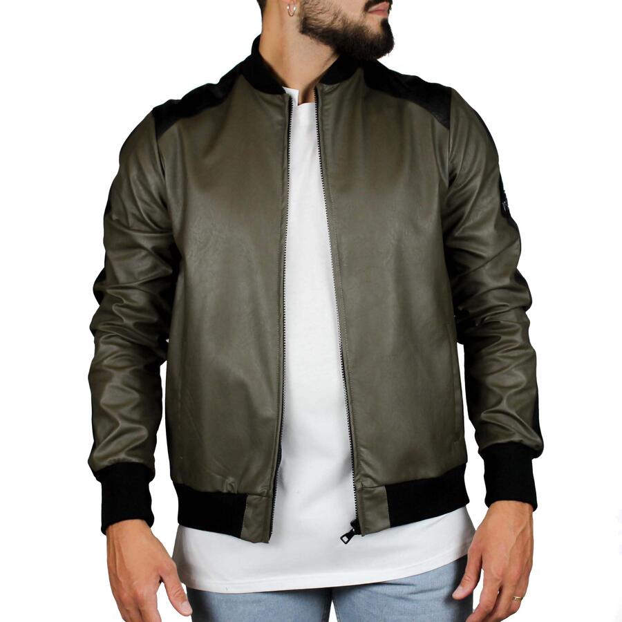 Bomber in pelle ecologica tortora e nero