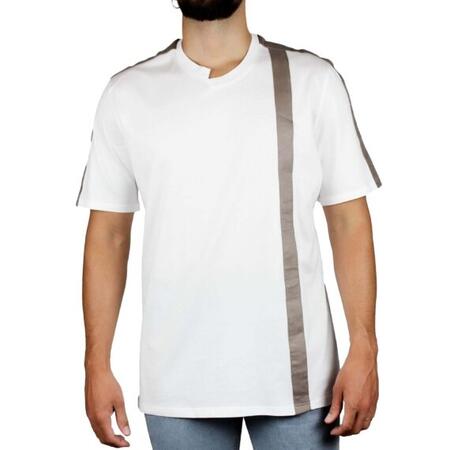 T-shirt bianca inserti lino tortora spalle e fronte retro