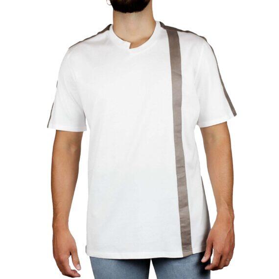 T-shirt bianca inserti lino tortora spalle e fronte retro