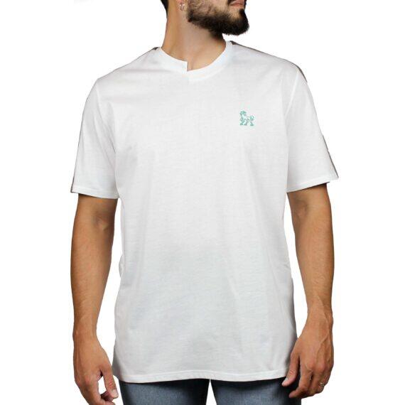 T-shirt bianca inserti lino tortora su spalle