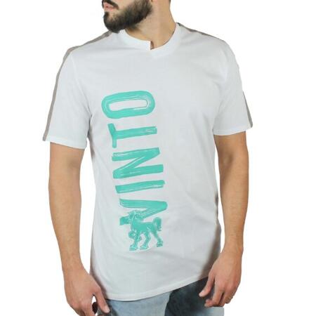 T-shirt bianca inserti lino tortora su spalle e stampa Vinto