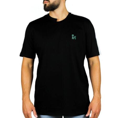 T-shirt nera inserti lino bianco su spalle