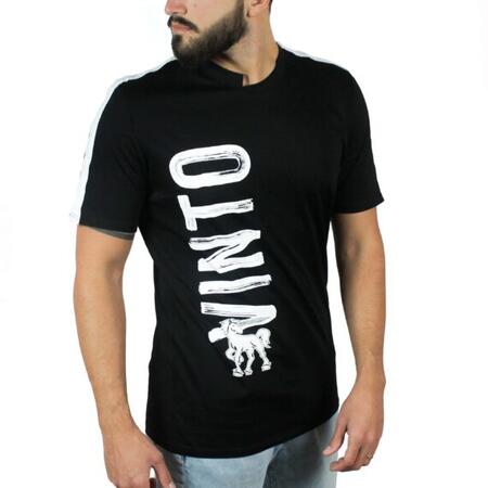 T-shirt nera inserti lino bianco su spalle e stampa Vinto