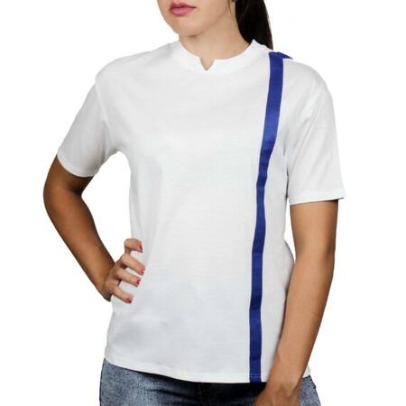 T-shirt bianca inserti lino cobalto fronte retro