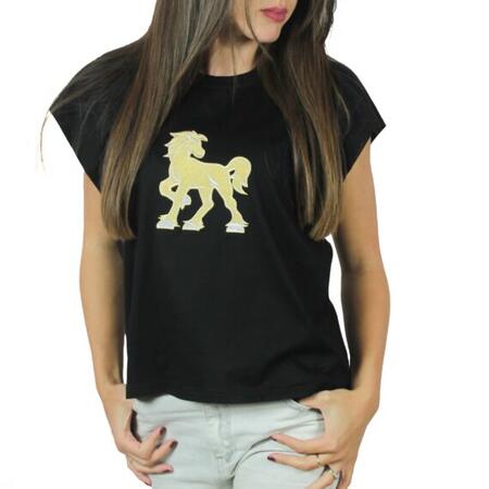 T-shirt giromanica nera con ricamo Vinto oro