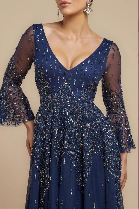 Abito Blu navy in tulle foderato con paillettes multicolour 0956