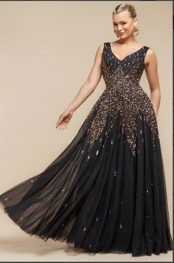 Abito nero in tulle foderato con paillettes multicolour 0957