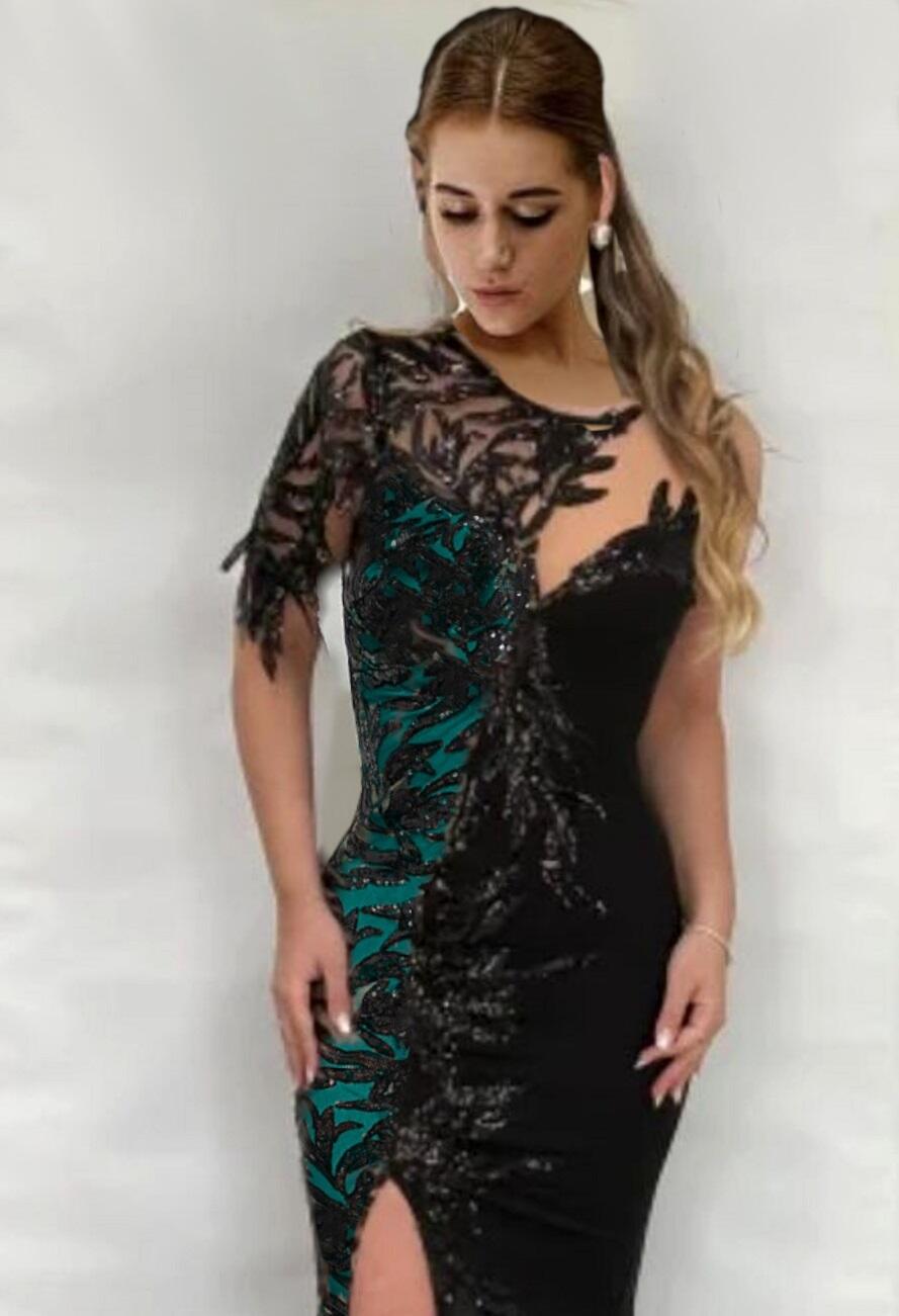 0944V Abito lungo moitié con spacco in crepe elastica con parte a contrasto in tulle foderato ricamato con paillettes