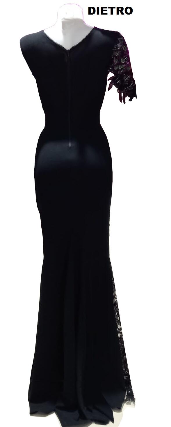 0944F Abito lungo moitié con spacco in crepe elastica con parte a contrasto in tulle foderato ricamato con paillettes