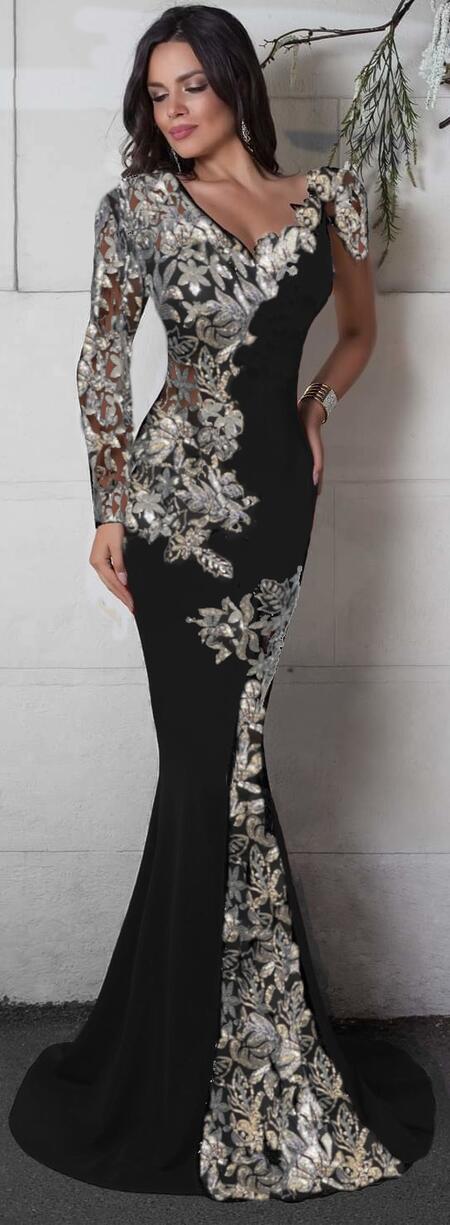 0960 Abito lungo a sirena in tessuto crèpe con paillettes argento e trasparenze in tulle