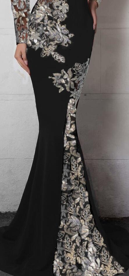 0960 Abito lungo a sirena in tessuto crèpe con paillettes argento e trasparenze in tulle