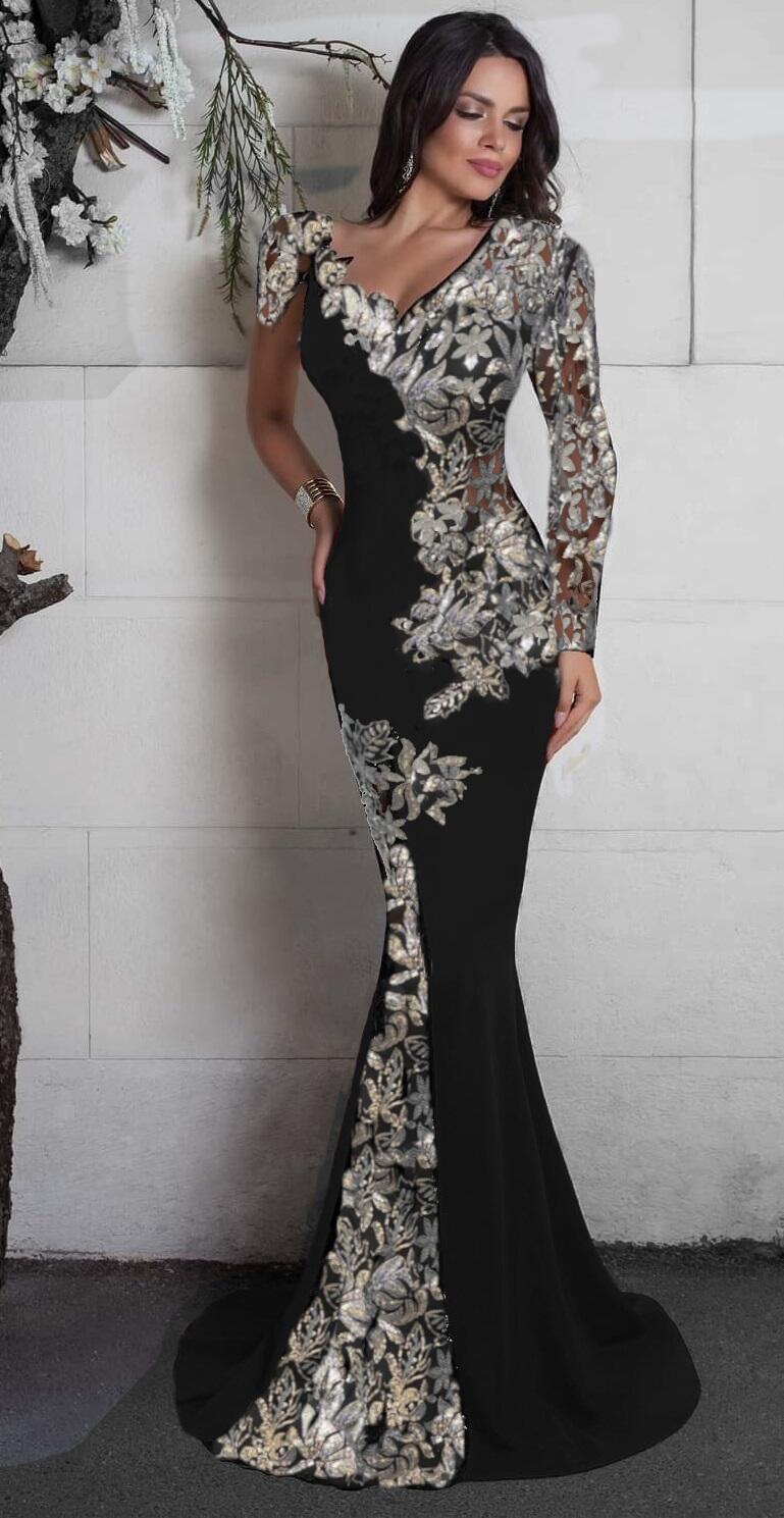 0960 Abito lungo a sirena in tessuto crèpe con paillettes argento e trasparenze in tulle