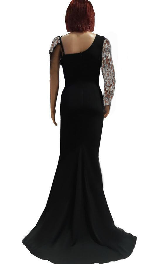 0960 Abito lungo a sirena in tessuto crèpe con paillettes argento e trasparenze in tulle