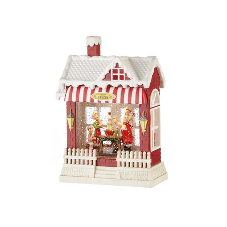 L'Oca Nera - Natale 2025 Boule de neige Bakery rossa e bianca con musica, led, movimento continuo e timer